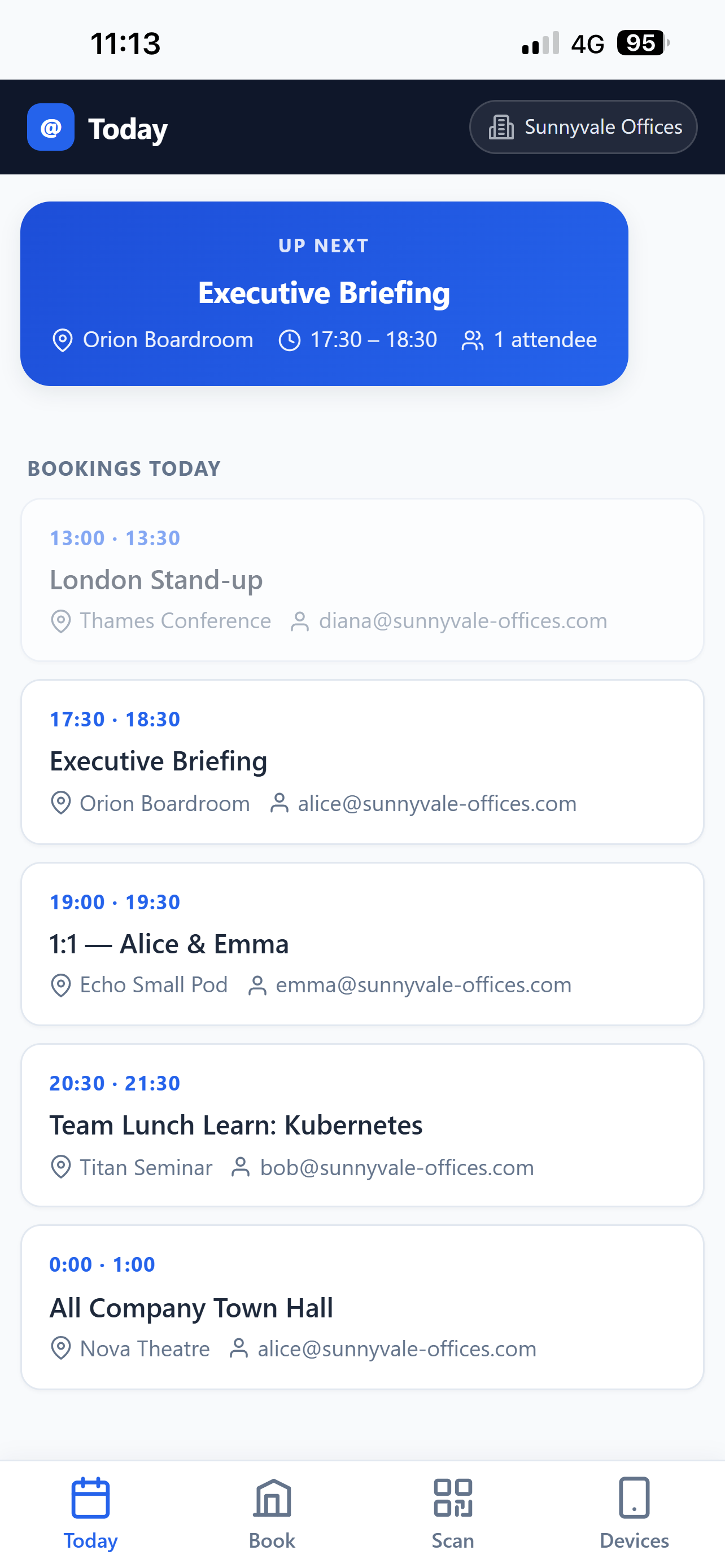 Meet Me At Work app showing today's bookings