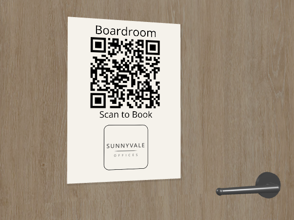 Printed QR sign on a meeting room door, showing the room name and company logo