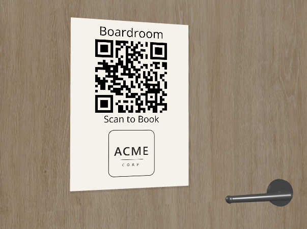 Printed QR sign on a meeting room door, showing the Boardroom name and an ACME Corp logo